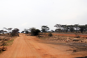 Driving on dirt road next to main road 