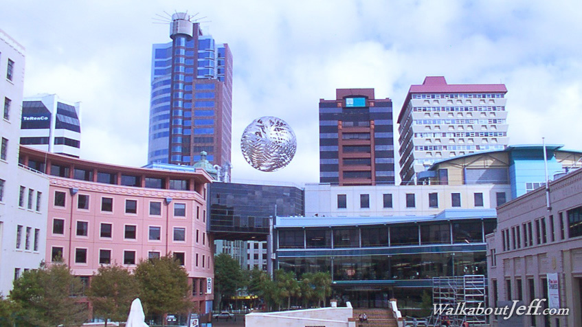 Sphere suspended over the city