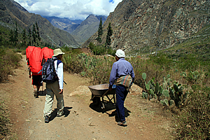 Farmer with a wheelbarrow following porters